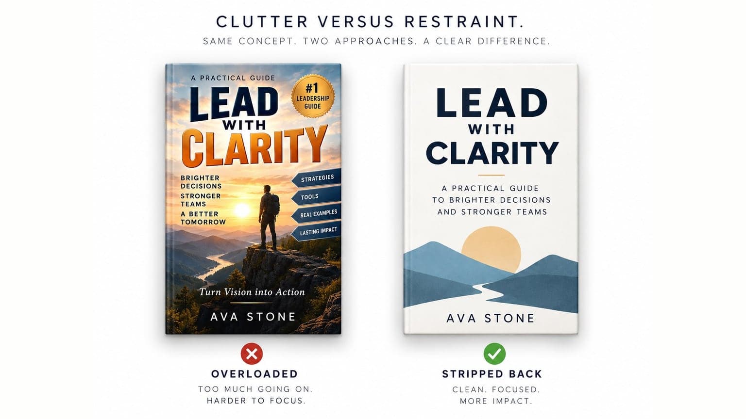 Clutter versus restraint: an overloaded book cover with badges, arrows and taglines beside a stripped back version of the same concept