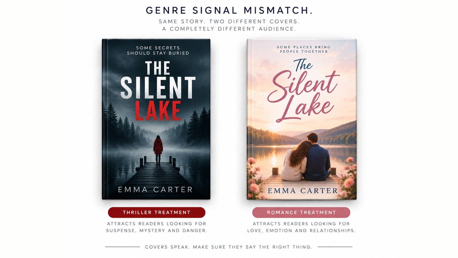 Genre signal mismatch: the same novel given a thriller cover and a romance cover, attracting two completely different audiences