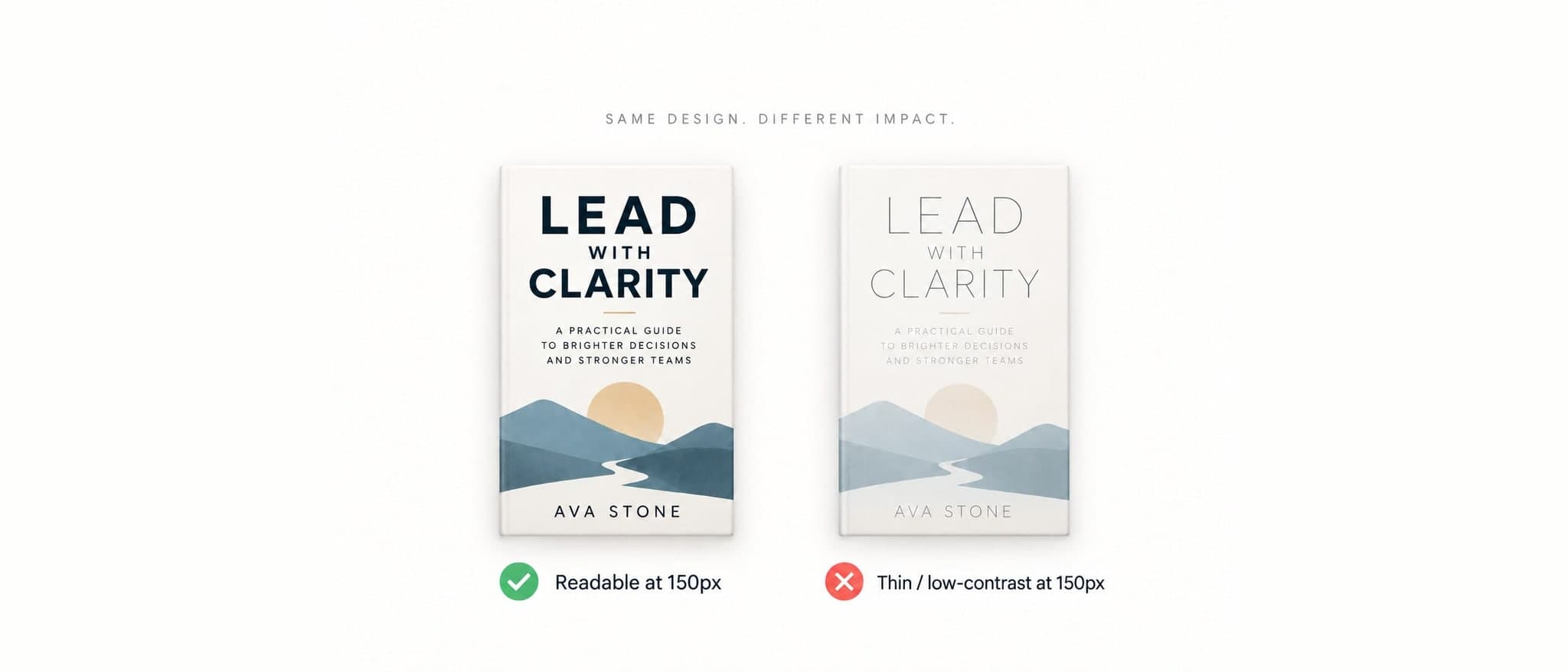 Side by side book covers showing common book cover design mistakes at thumbnail size