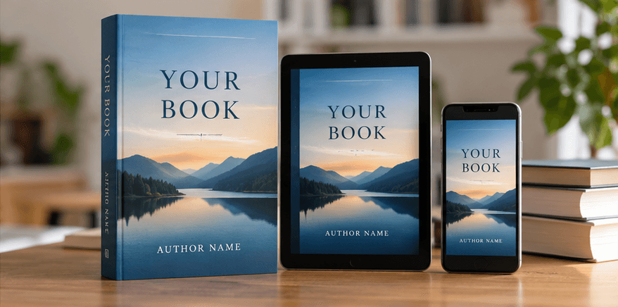 A book cover shown as a hardcover, tablet and phone mockup