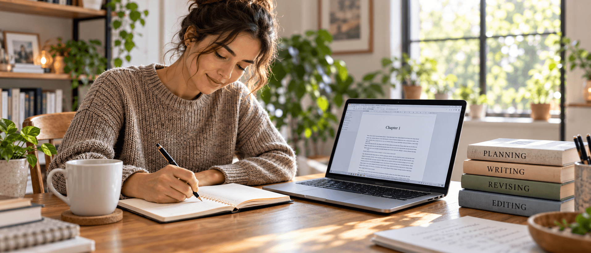 Author writing in a notebook beside a laptop while planning to self-publish a book