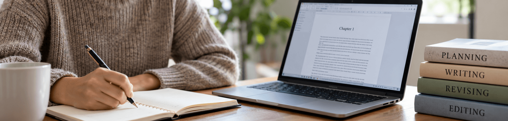 Author writing in a notebook beside a laptop while planning to self-publish a book