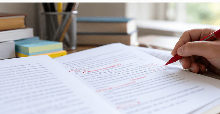 Editor marking up a printed manuscript with a red pen